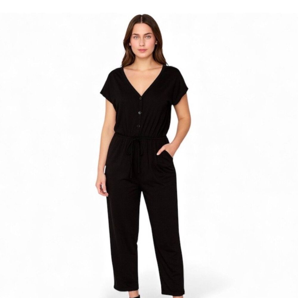 Norma Kamali Cotton Short Sleeve Black Drawstring Jumpsuit w/ Pockets Medium